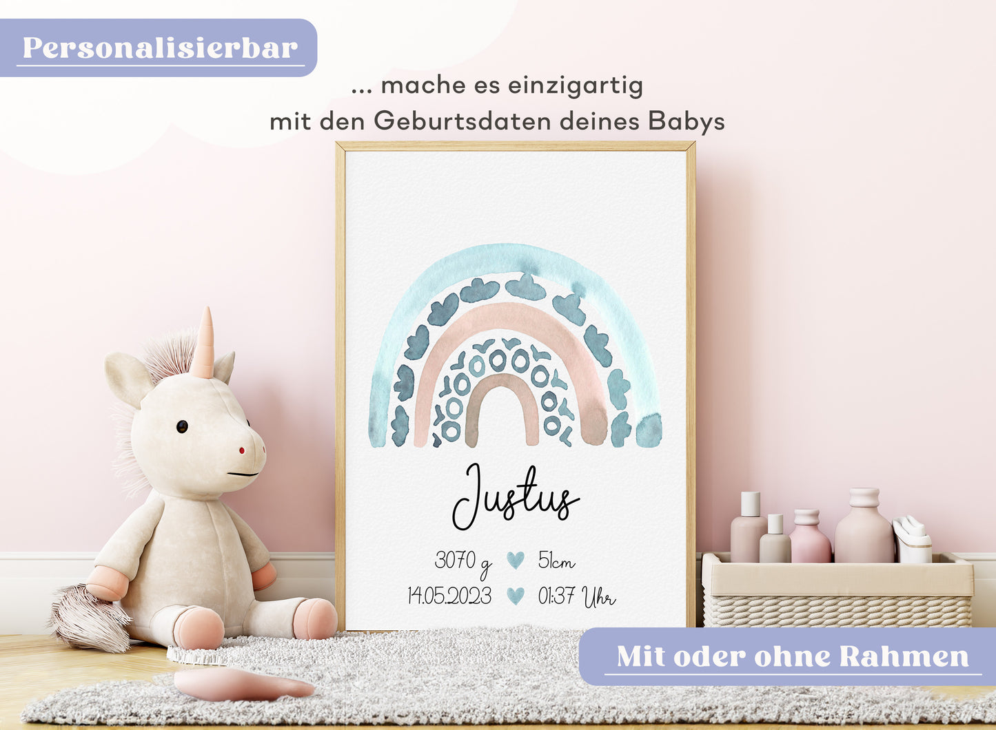 Regenbogen Geburtsposter mit Babyname & Geburtsdaten