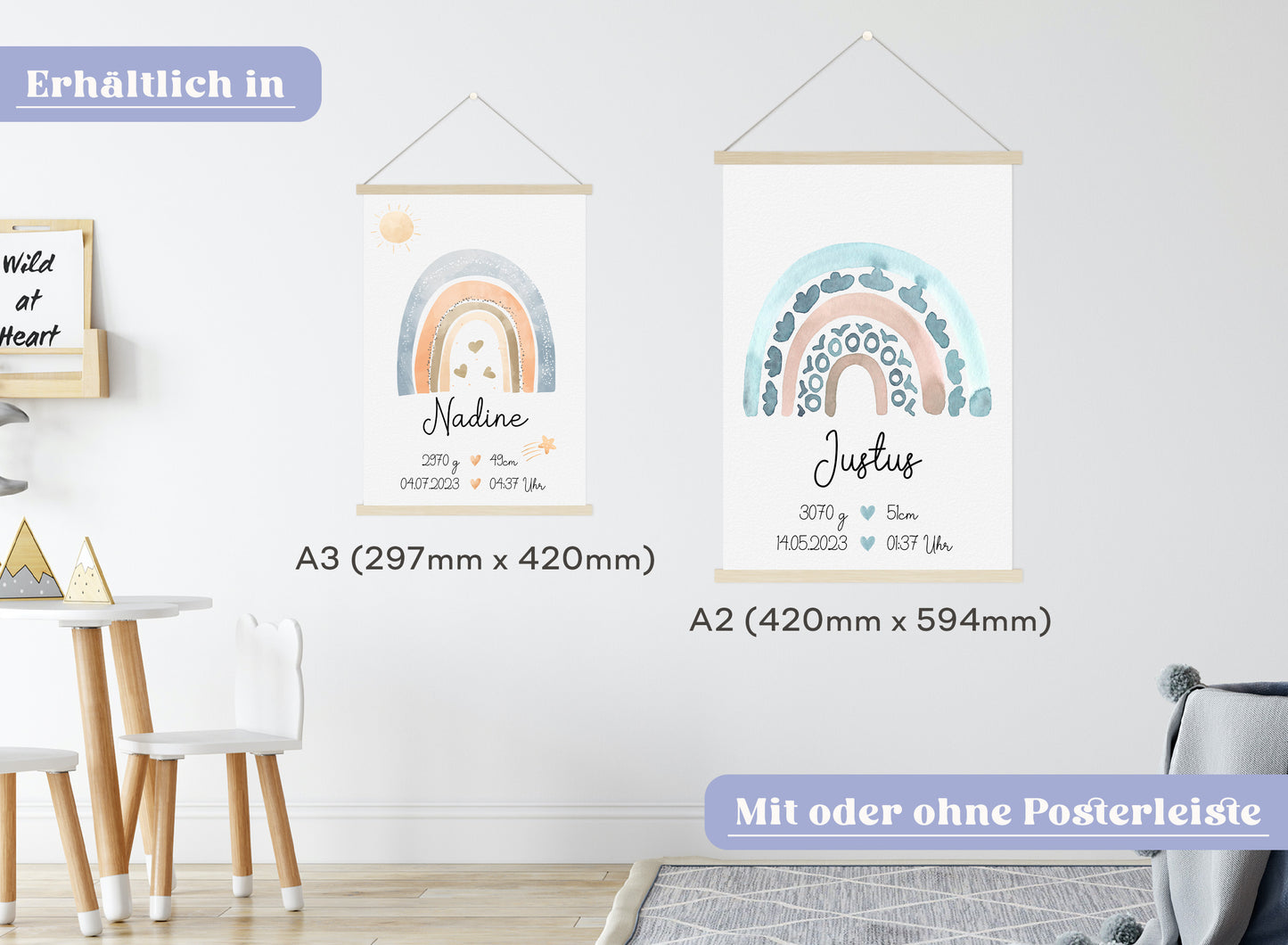 Regenbogen Geburtsposter mit Babyname & Geburtsdaten