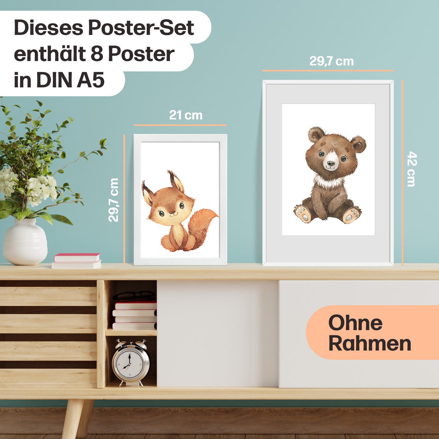 8er Poster Set Baby Waldtiere mit Flora ⢠DIN A5