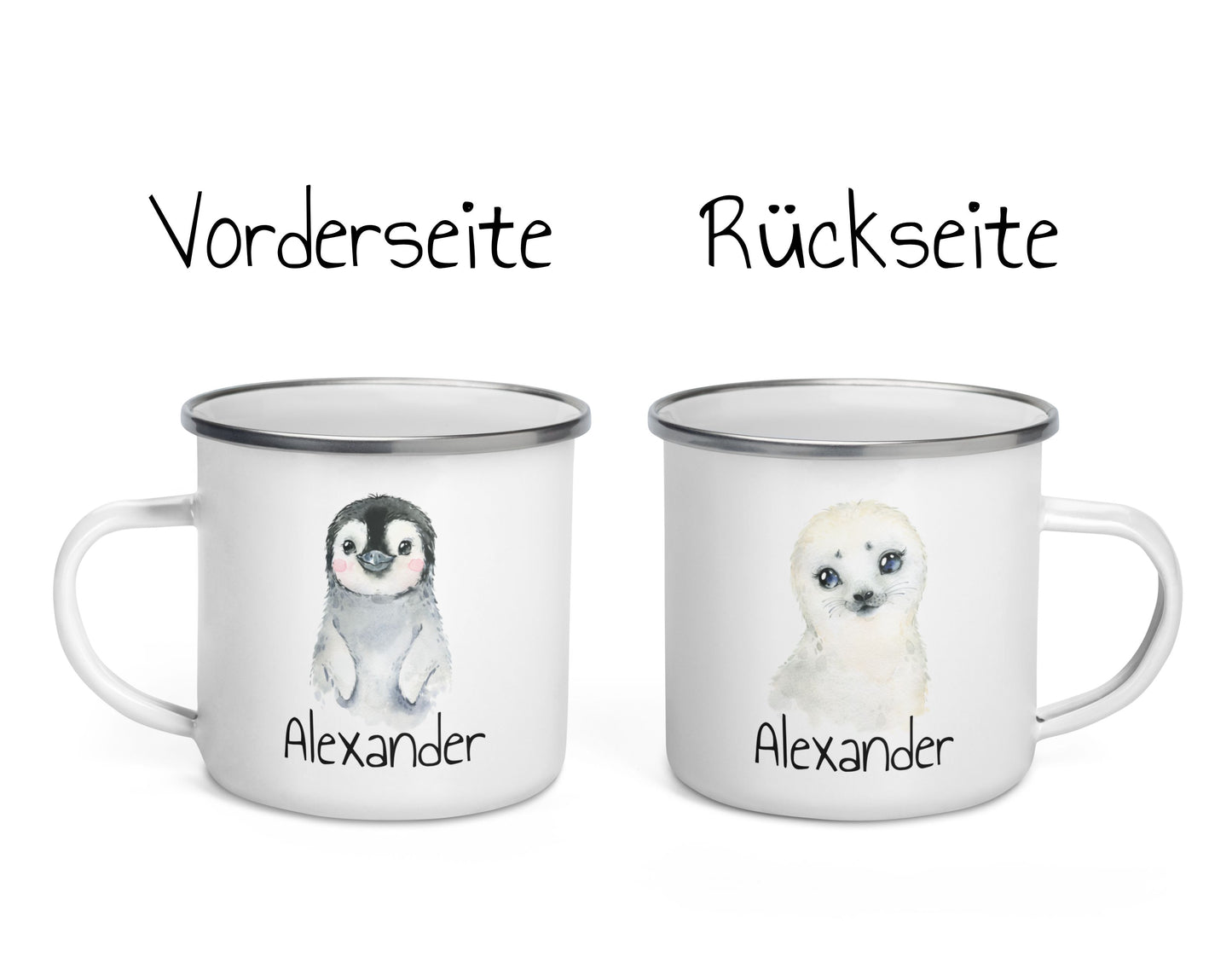 Süße Namenstasse mit Tier-Motiven • personalisierbare Emailletasse als schönes Geschenk
