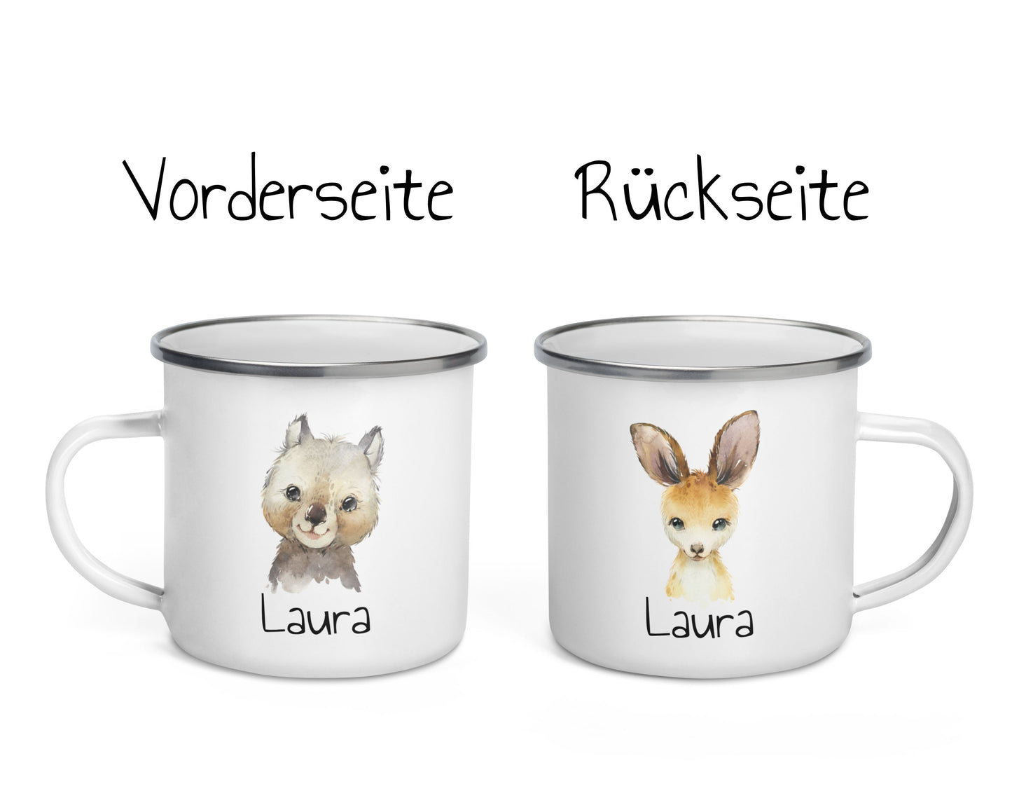 Süße Namenstasse mit Tier-Motiven • personalisierbare Emailletasse als schönes Geschenk