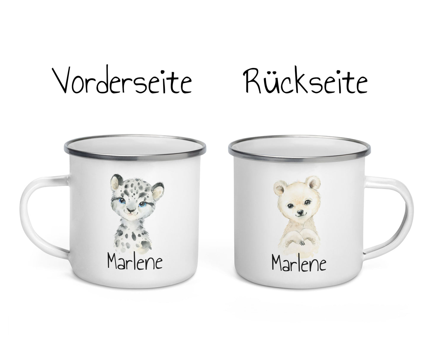 Süße Namenstasse mit Tier-Motiven • personalisierbare Emailletasse als schönes Geschenk