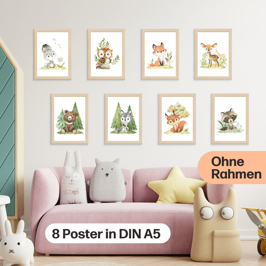 8er Poster Set Baby Waldtiere mit Flora • DIN A5