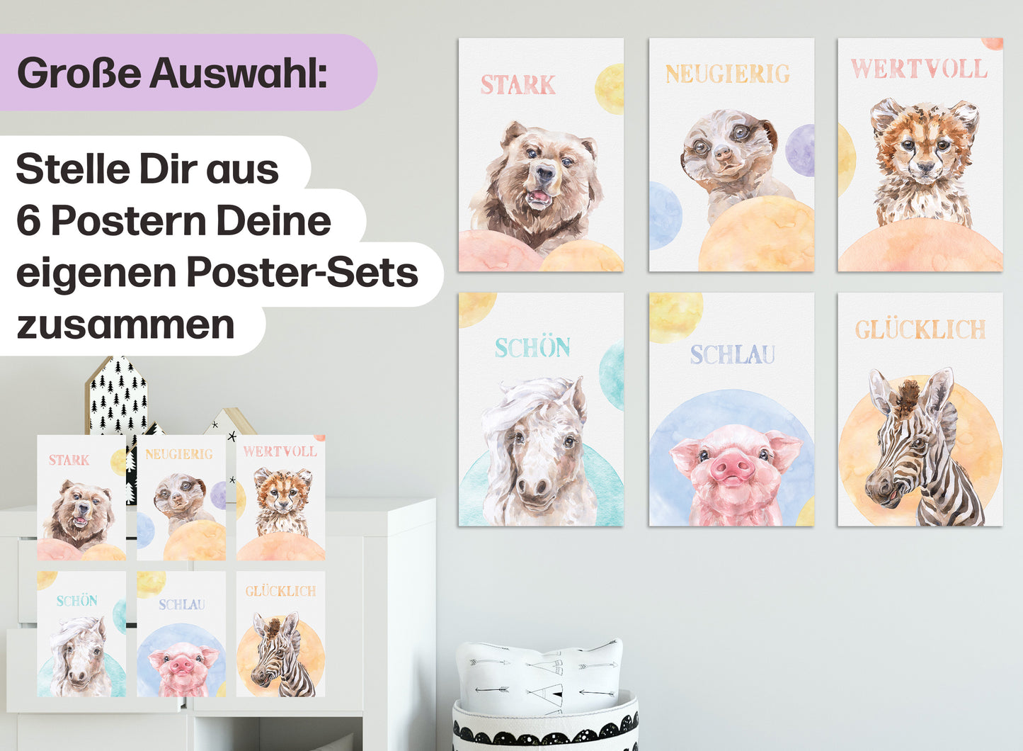 6er Tier-Poster Set • Süße Babyzimmer Deko • DIN A4 • CreativeRobin