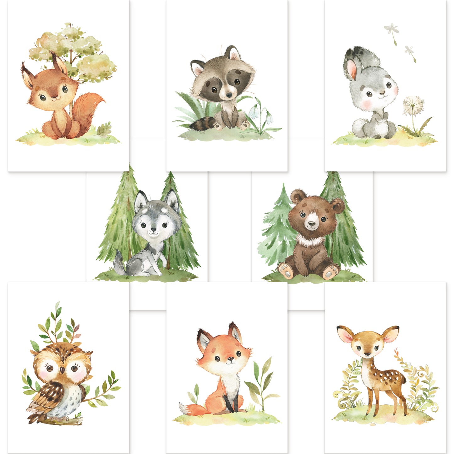 8er Poster Set Baby Waldtiere mit Flora ⢠DIN A5