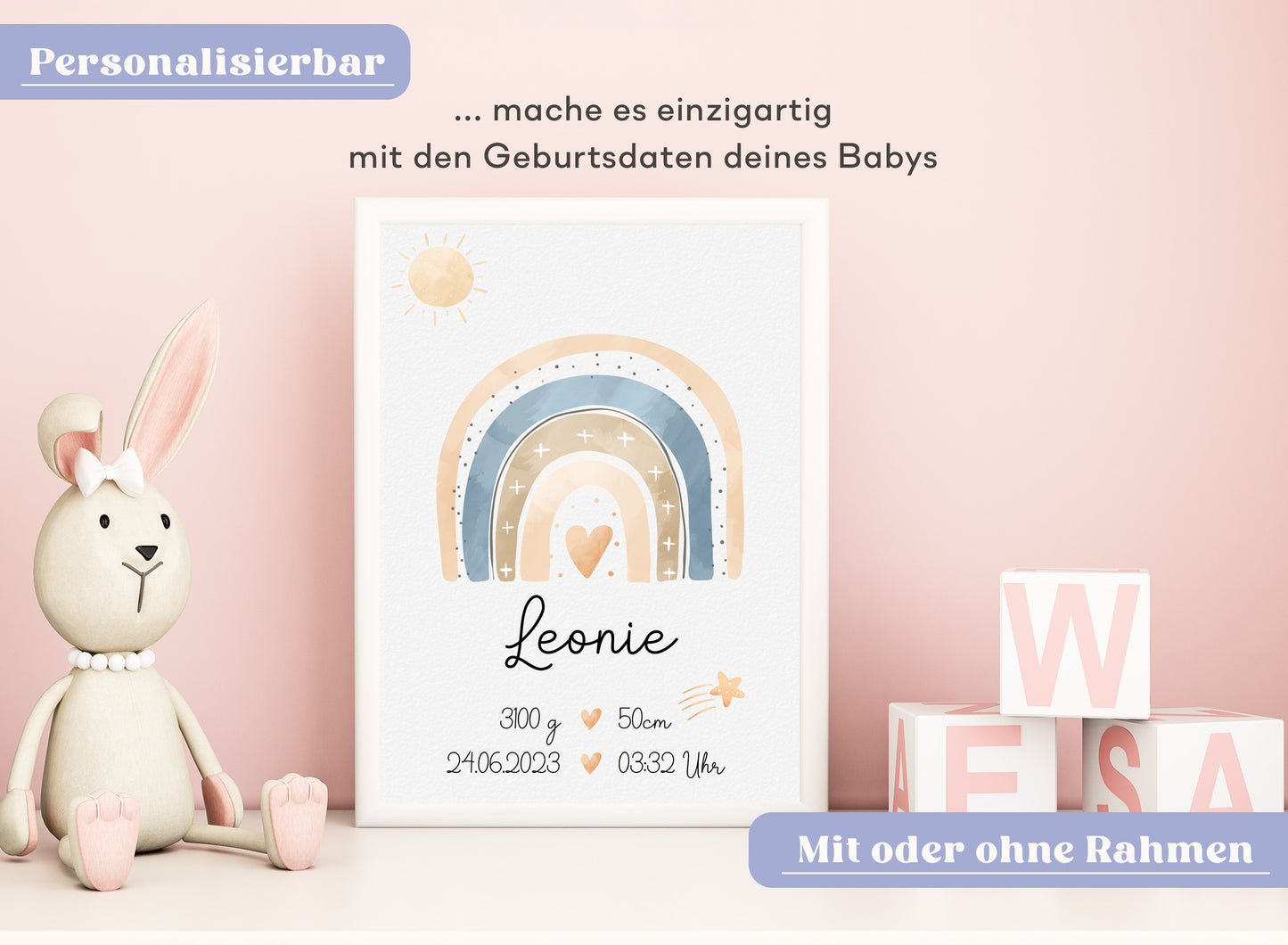 Regenbogen Geburtsposter mit Babyname & Geburtsdaten