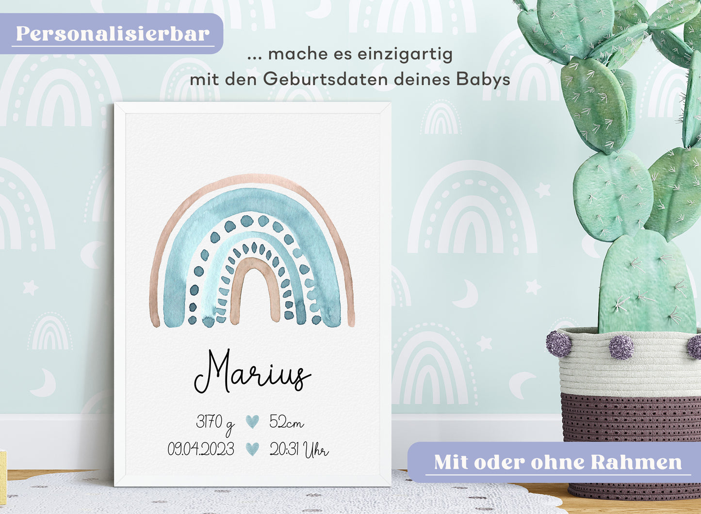 Regenbogen Geburtsposter mit Babyname & Geburtsdaten
