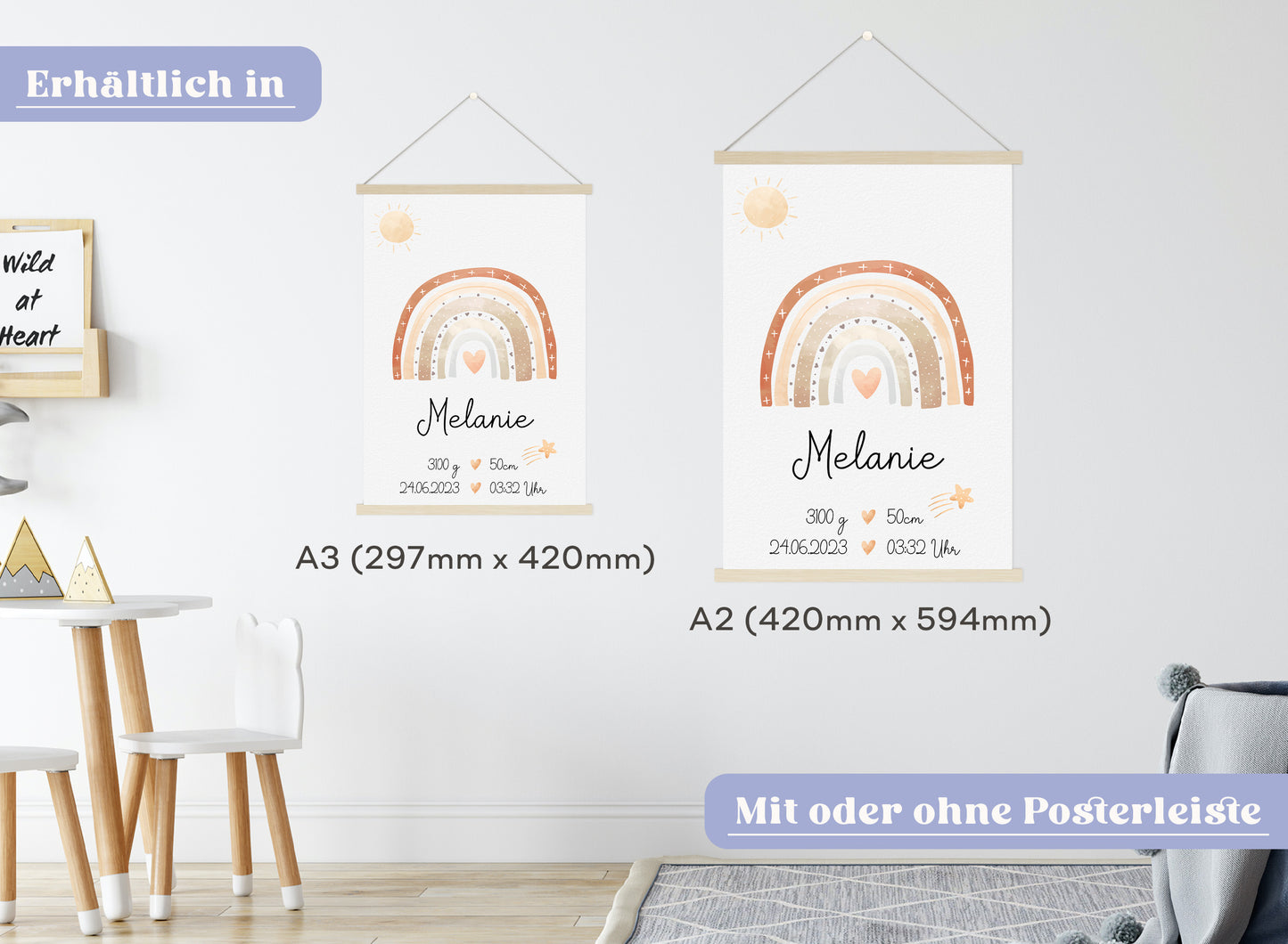 Regenbogen Geburtsposter mit Babyname & Geburtsdaten