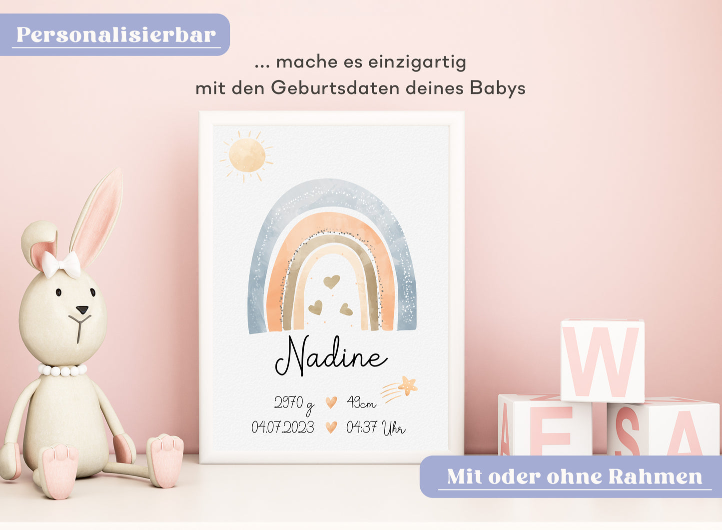 Regenbogen Geburtsposter mit Babyname & Geburtsdaten
