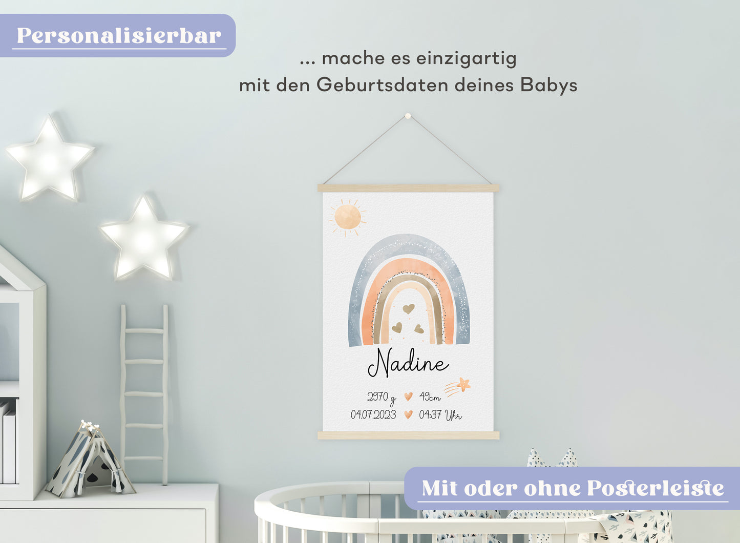 Regenbogen Geburtsposter mit Babyname & Geburtsdaten
