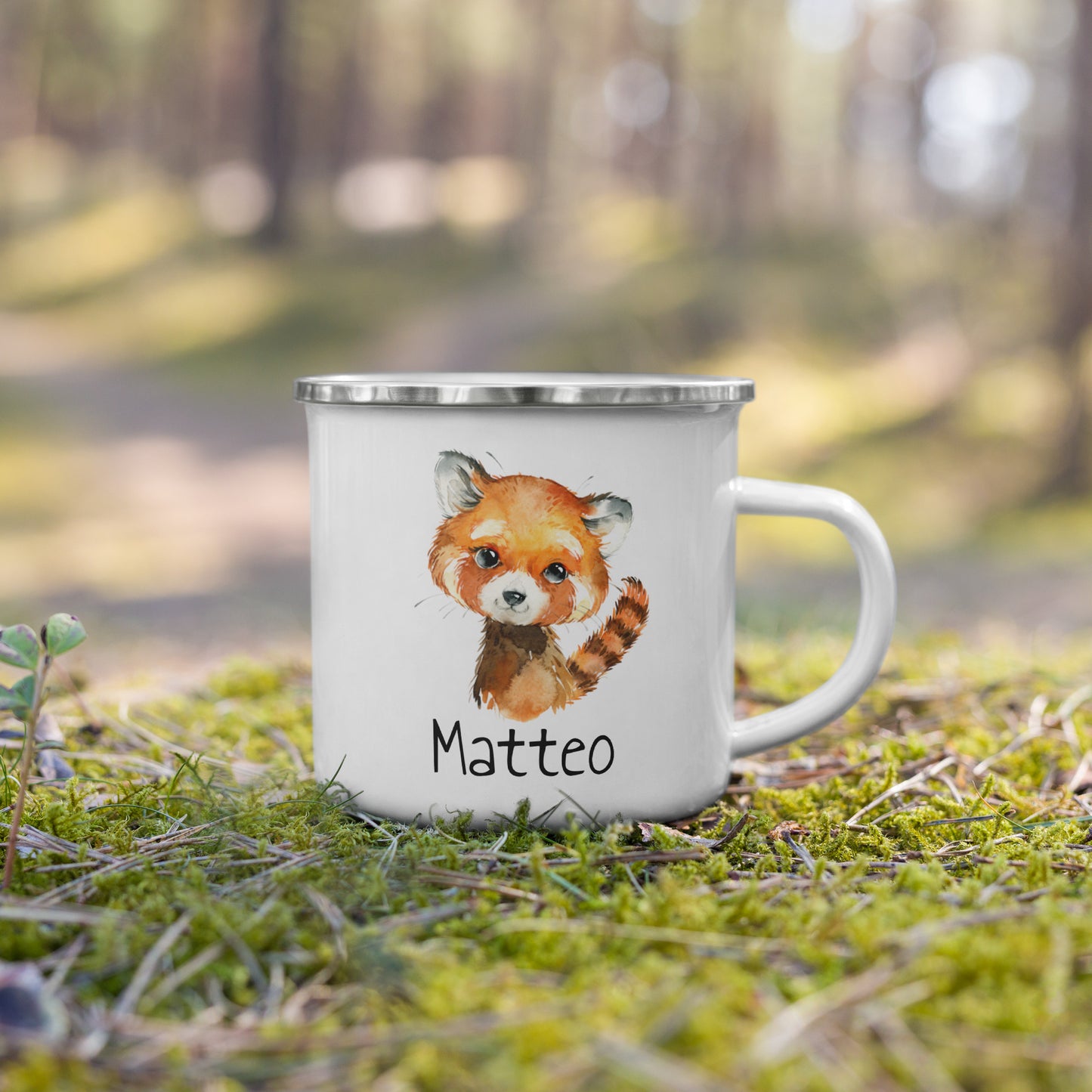 Süße Namenstasse mit Tier-Motiven • personalisierbare Emailletasse als schönes Geschenk