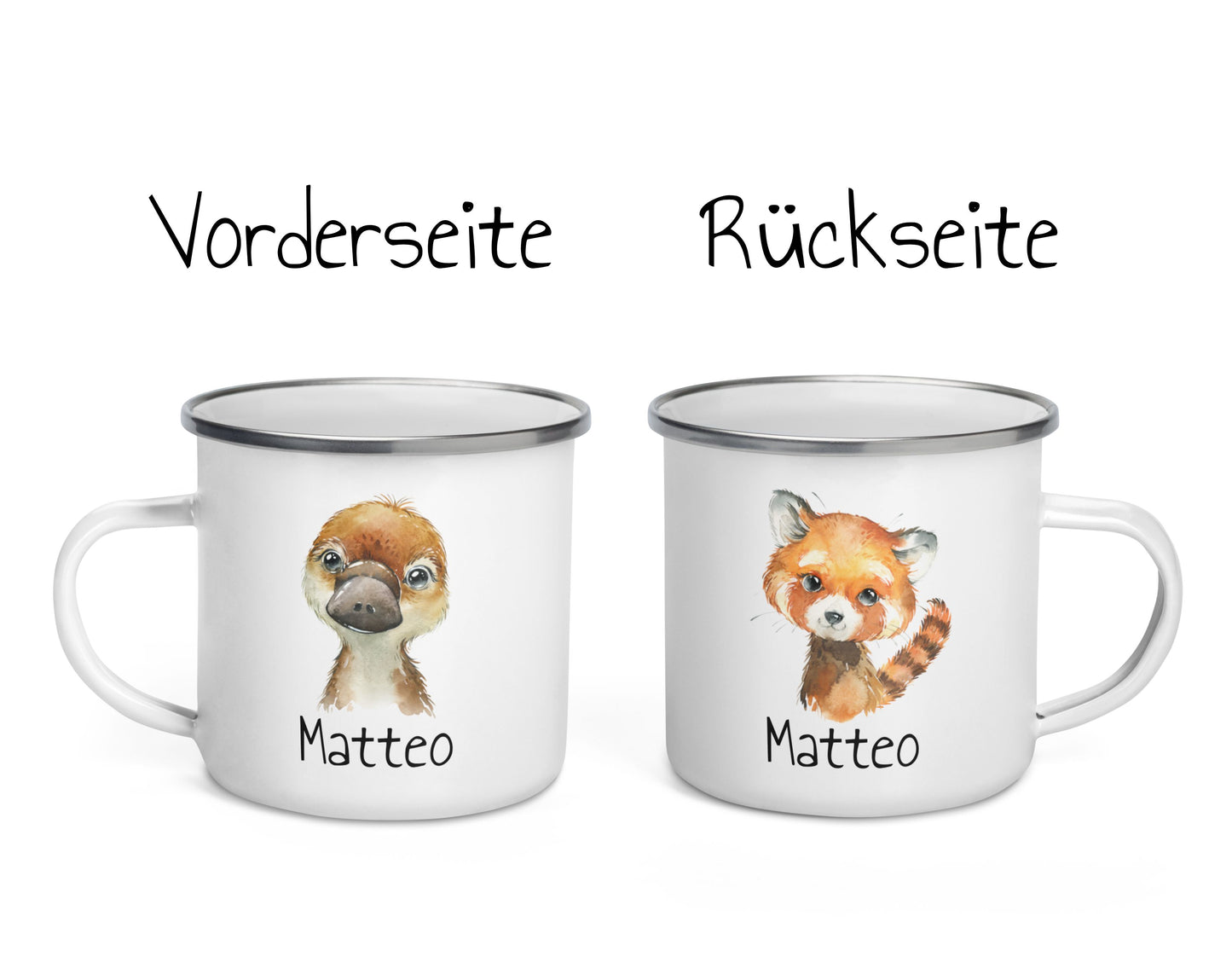 Süße Namenstasse mit Tier-Motiven • personalisierbare Emailletasse als schönes Geschenk
