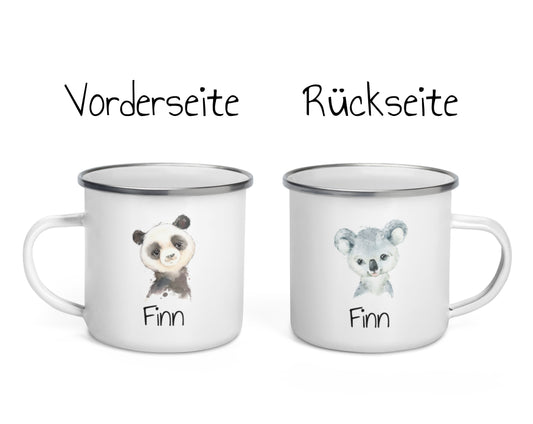 Süße Namenstasse mit Tier-Motiven • personalisierbare Emailletasse als schönes Geschenk
