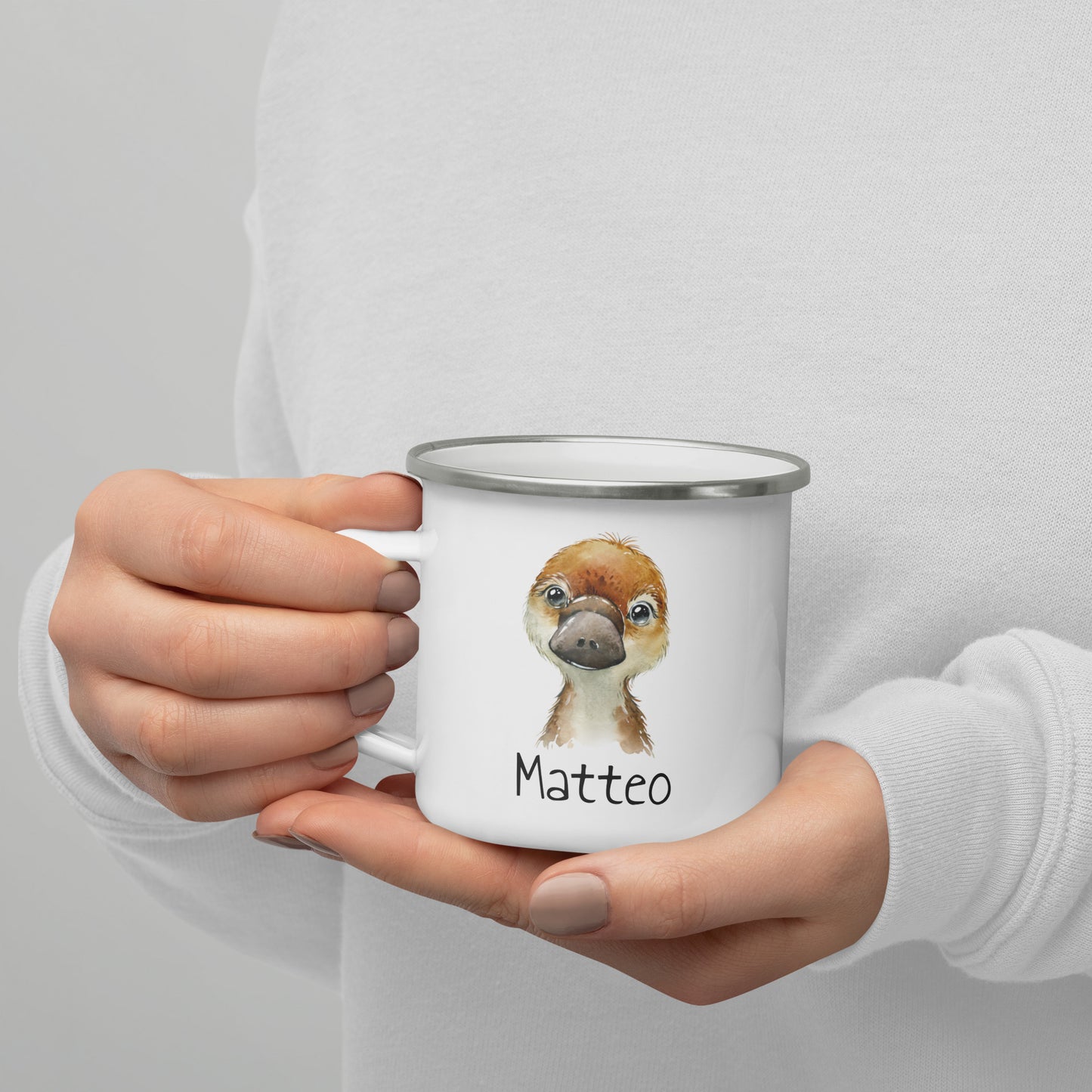 Süße Namenstasse mit Tier-Motiven • personalisierbare Emailletasse als schönes Geschenk