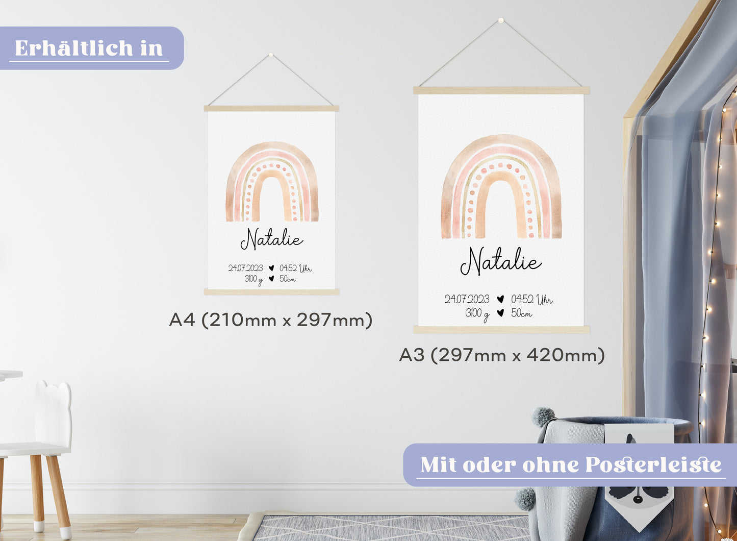 Regenbogen Geburtsposter mit Babyname & Geburtsdaten