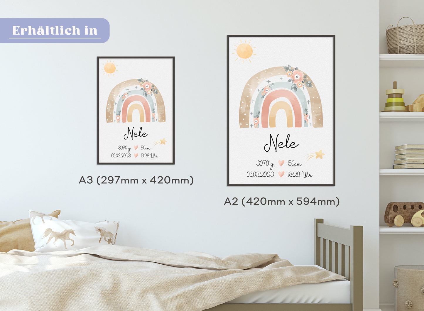 Regenbogen Geburtsposter mit Babyname & Geburtsdaten