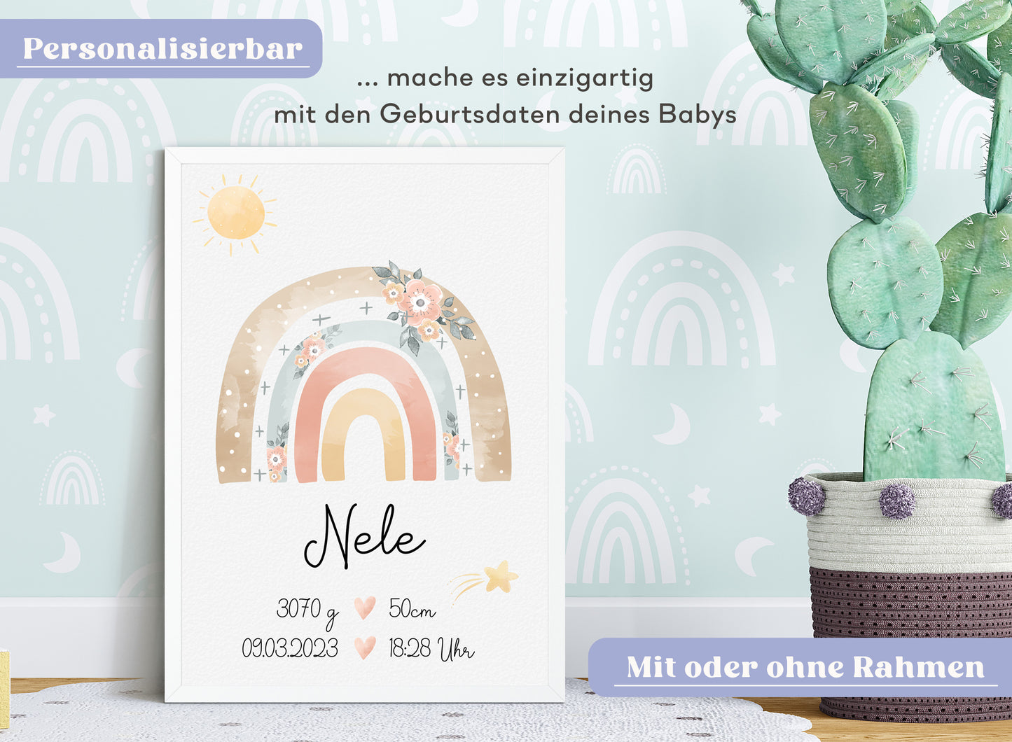Regenbogen Geburtsposter mit Babyname & Geburtsdaten