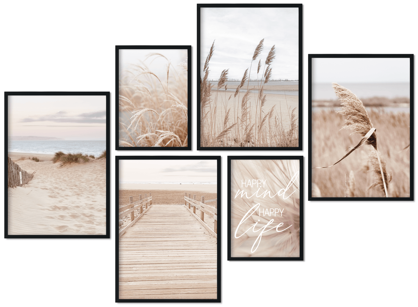 » Pampasgras, Berge & Strand « Poster Set als Wohnzimmer Deko | 4x A3 + 2x A4 Wandbilder Collage | ohne Rahmen