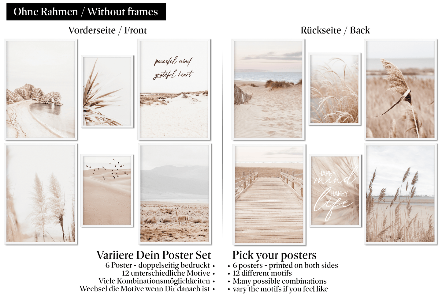» Pampasgras, Berge & Strand « Poster Set als Wohnzimmer Deko | 4x A3 + 2x A4 Wandbilder Collage | ohne Rahmen