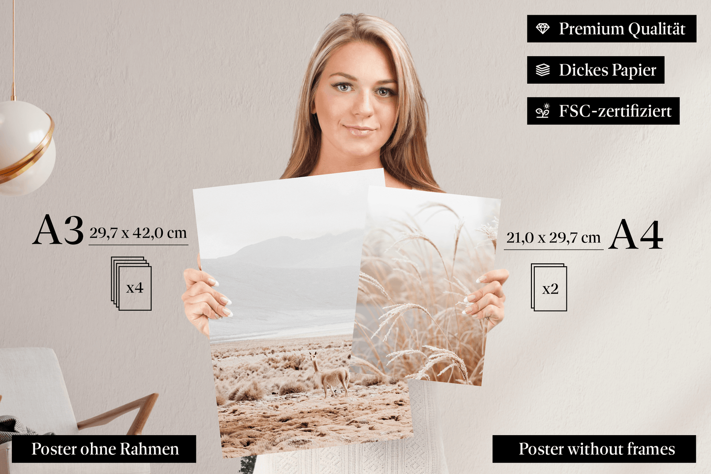 » Pampasgras, Berge & Strand « Poster Set als Wohnzimmer Deko | 4x A3 + 2x A4 Wandbilder Collage | ohne Rahmen