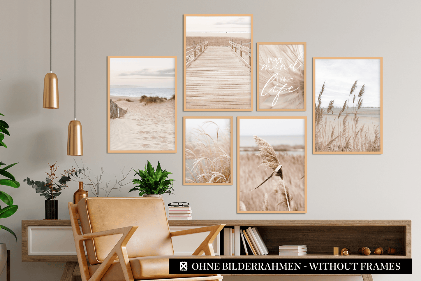 » Pampasgras, Berge & Strand « Poster Set als Wohnzimmer Deko | 4x A3 + 2x A4 Wandbilder Collage | ohne Rahmen