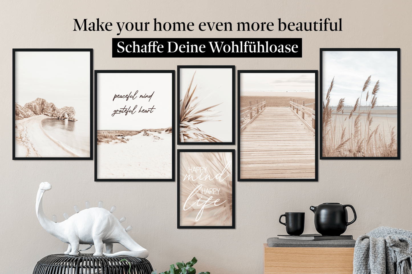 » Pampasgras, Berge & Strand « Poster Set als Wohnzimmer Deko | 4x A3 + 2x A4 Wandbilder Collage | ohne Rahmen