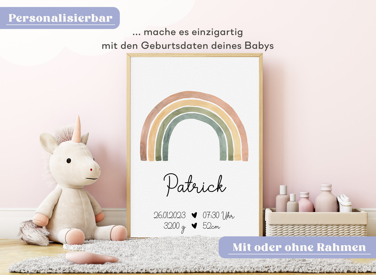 Regenbogen Geburtsposter mit Babyname & Geburtsdaten