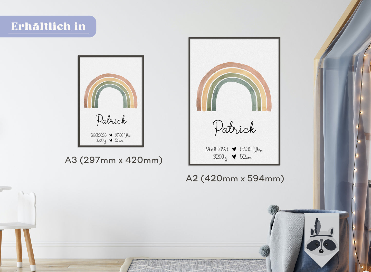 Regenbogen Geburtsposter mit Babyname & Geburtsdaten