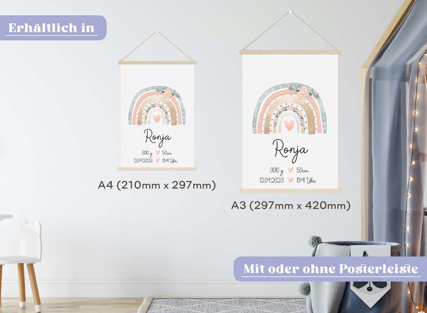 Regenbogen Geburtsposter mit Babyname & Geburtsdaten