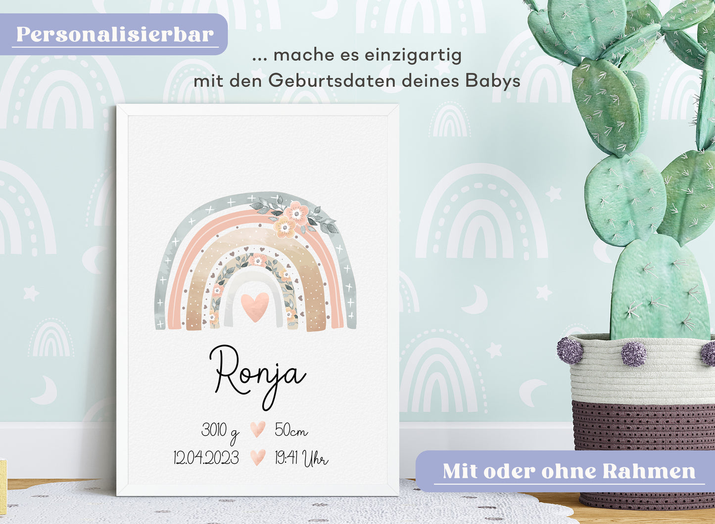 Regenbogen Geburtsposter mit Babyname & Geburtsdaten