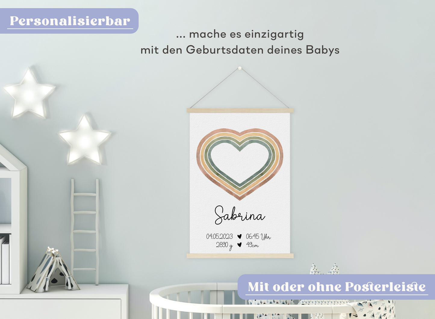 Regenbogen Geburtsposter mit Babyname & Geburtsdaten
