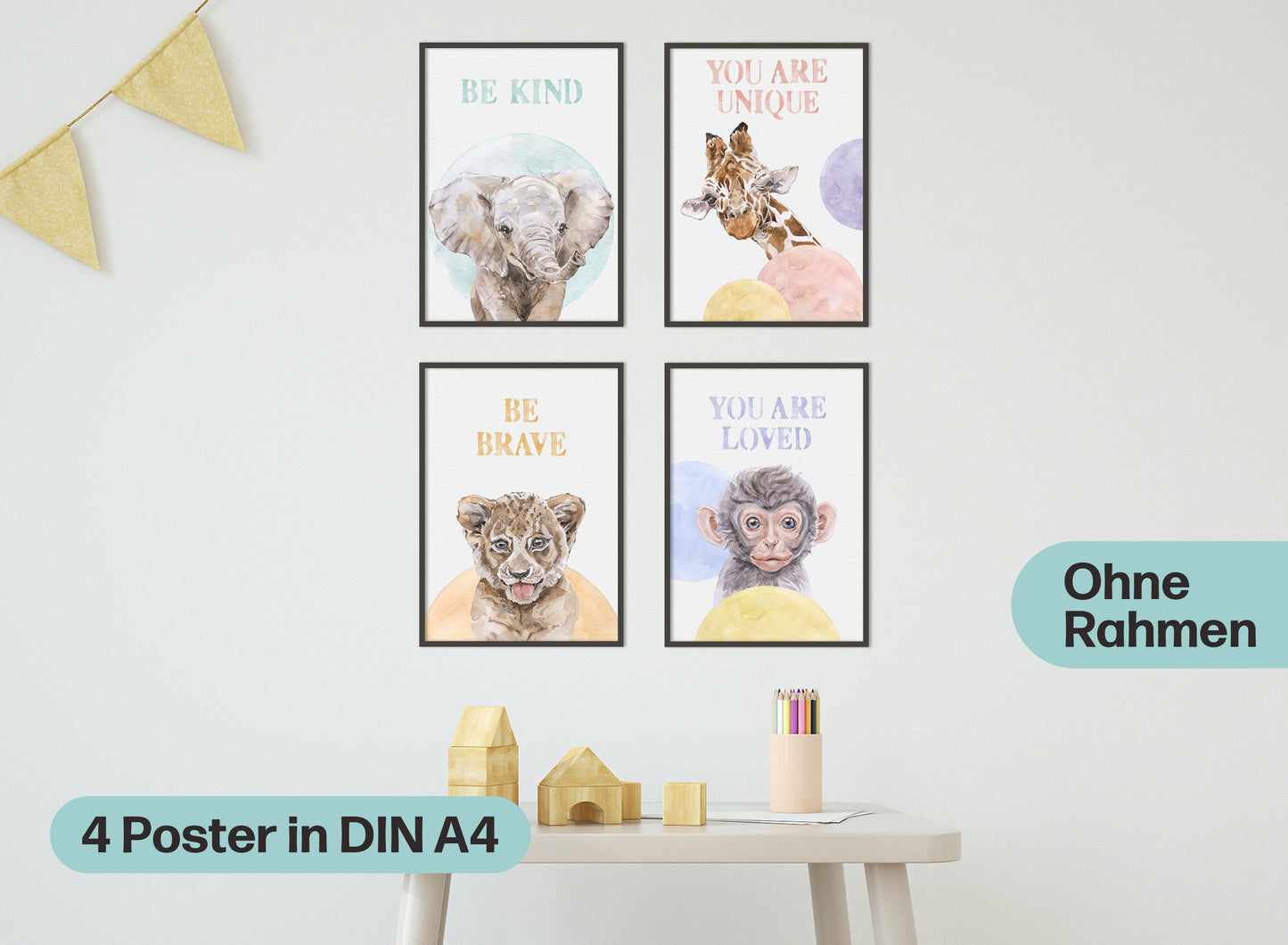 4er Safari Tiere Poster Set Kinderzimmer I Babyzimmer Deko I ohne Rahmen I CreativeRobin