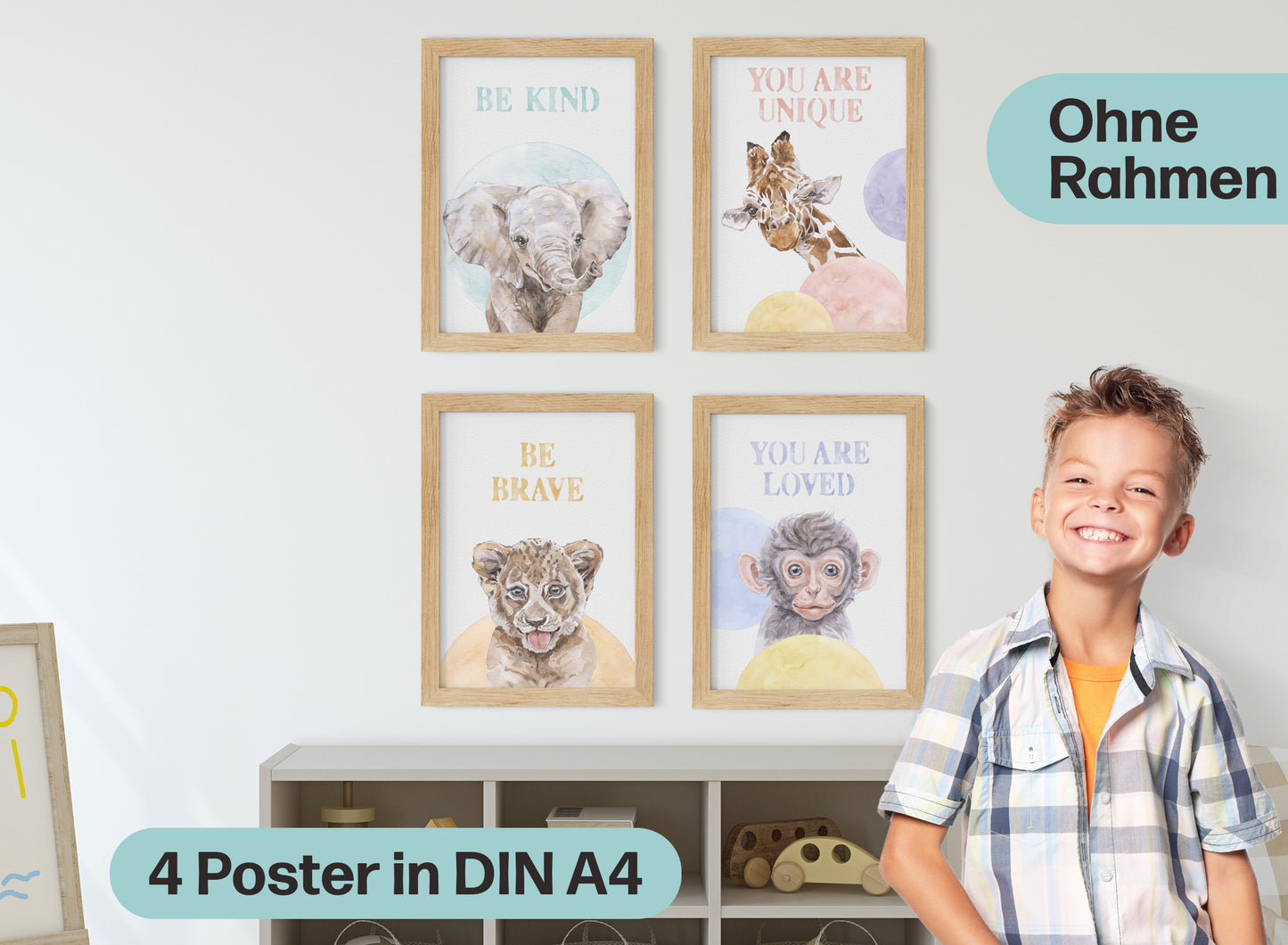 4er Safari Tiere Poster Set Kinderzimmer I Babyzimmer Deko I ohne Rahmen I CreativeRobin