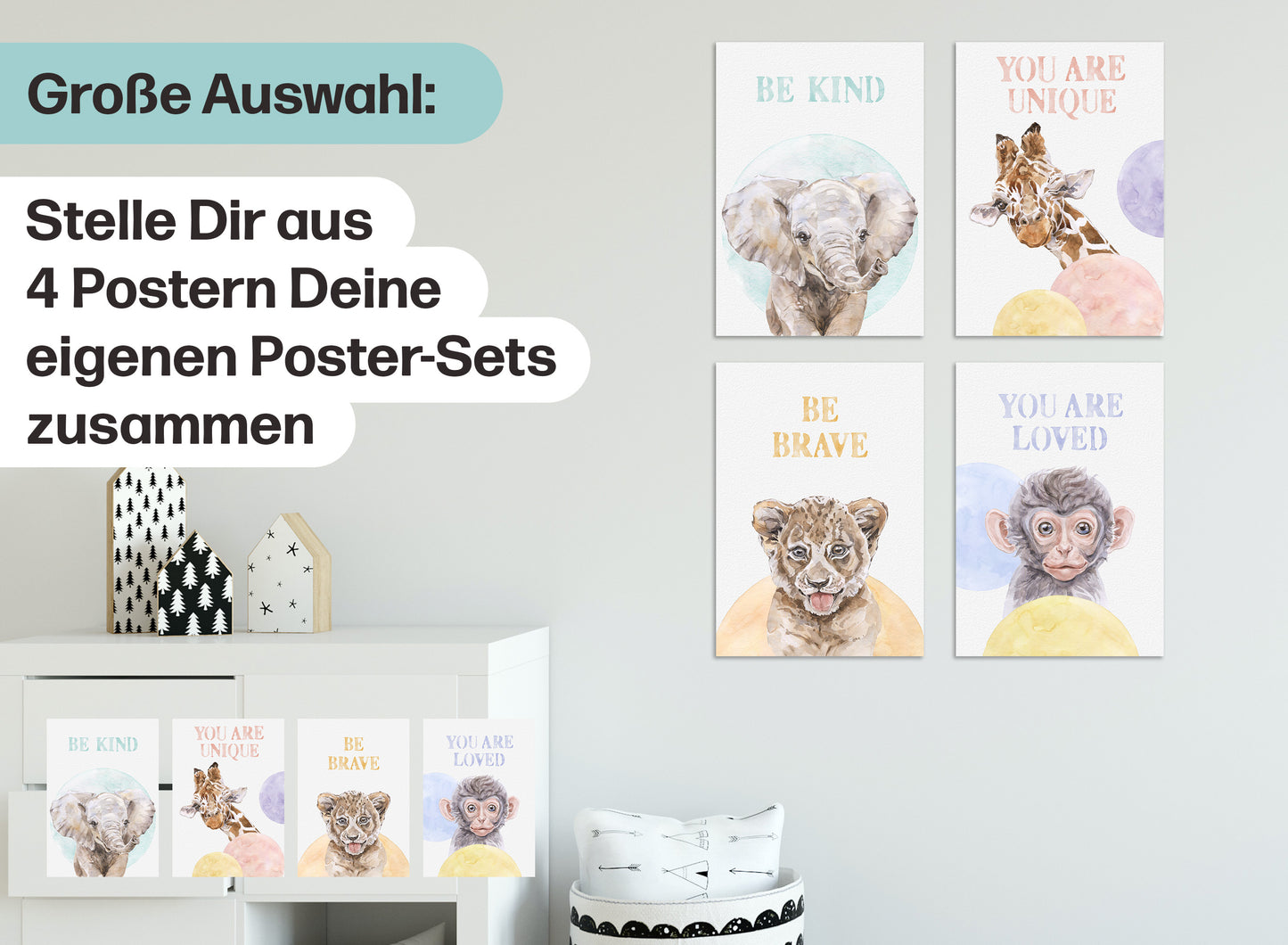 4er Safari Tiere Poster Set Kinderzimmer I Babyzimmer Deko I ohne Rahmen I CreativeRobin