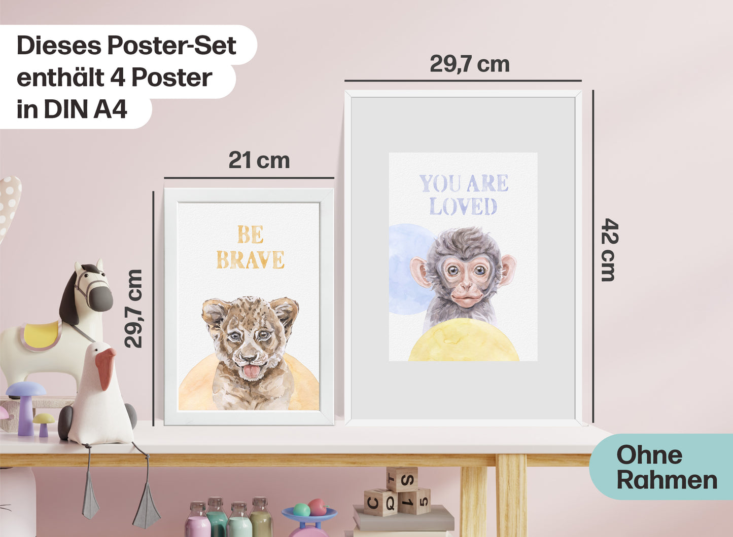 4er Safari Tiere Poster Set Kinderzimmer I Babyzimmer Deko I ohne Rahmen I CreativeRobin
