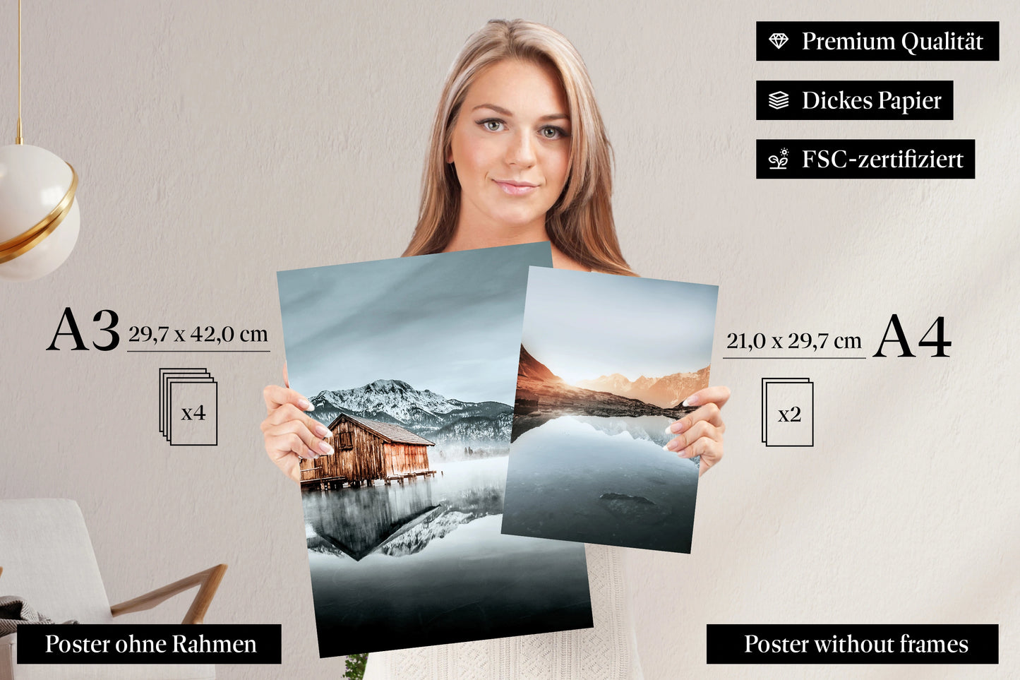 » Berge & Seen « Premium Poster-Set als Wohnzimmer Deko | 4x A3 + 2x A4 Wandbilder Collage