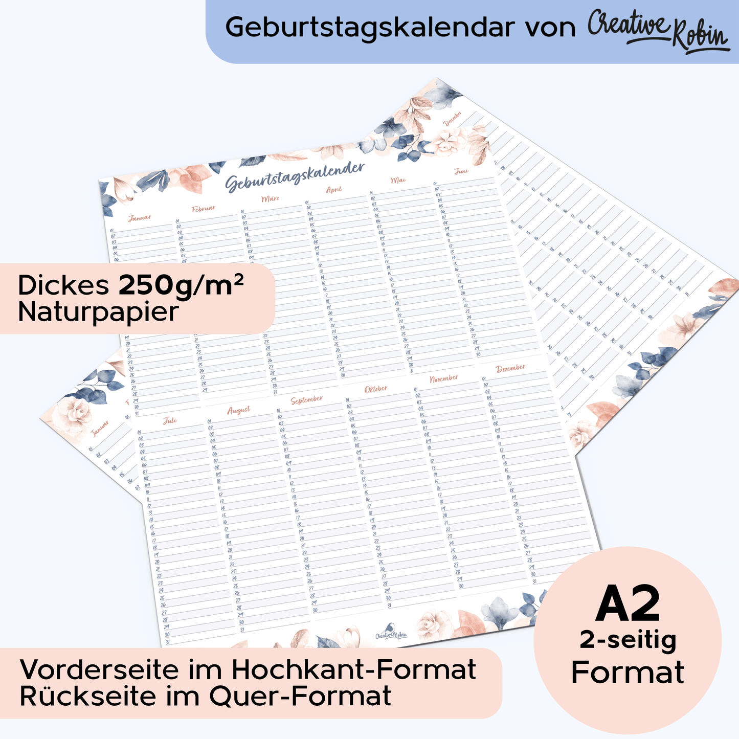 Geburtstagskalender immerwährend im floralem Stil I Jahresunabhängiger Wandkalender I DIN A3 & A2 I CreativeRobin