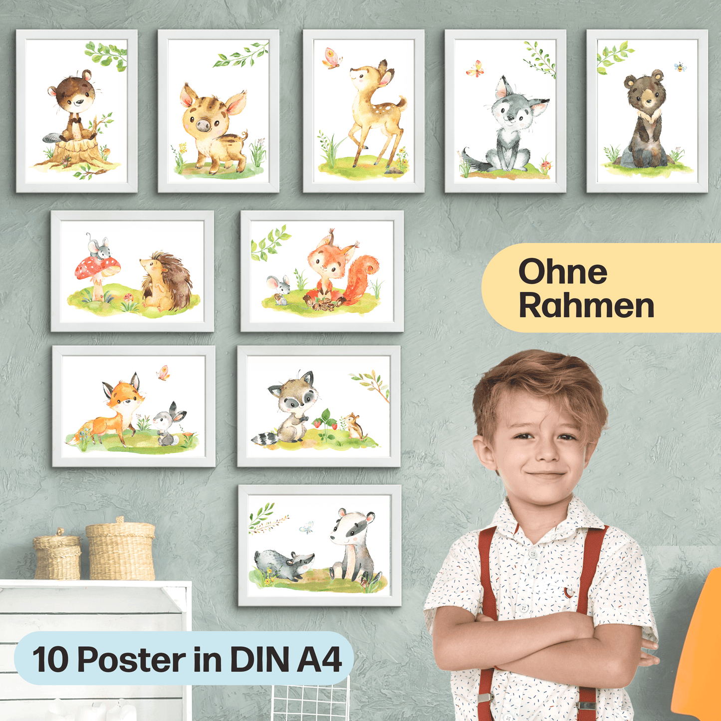 10er Poster-Set Waldtiere Kinderzimmer I Bär, Reh, Bieber, Fuchs uvm. mit Flora I Babyzimmer Deko