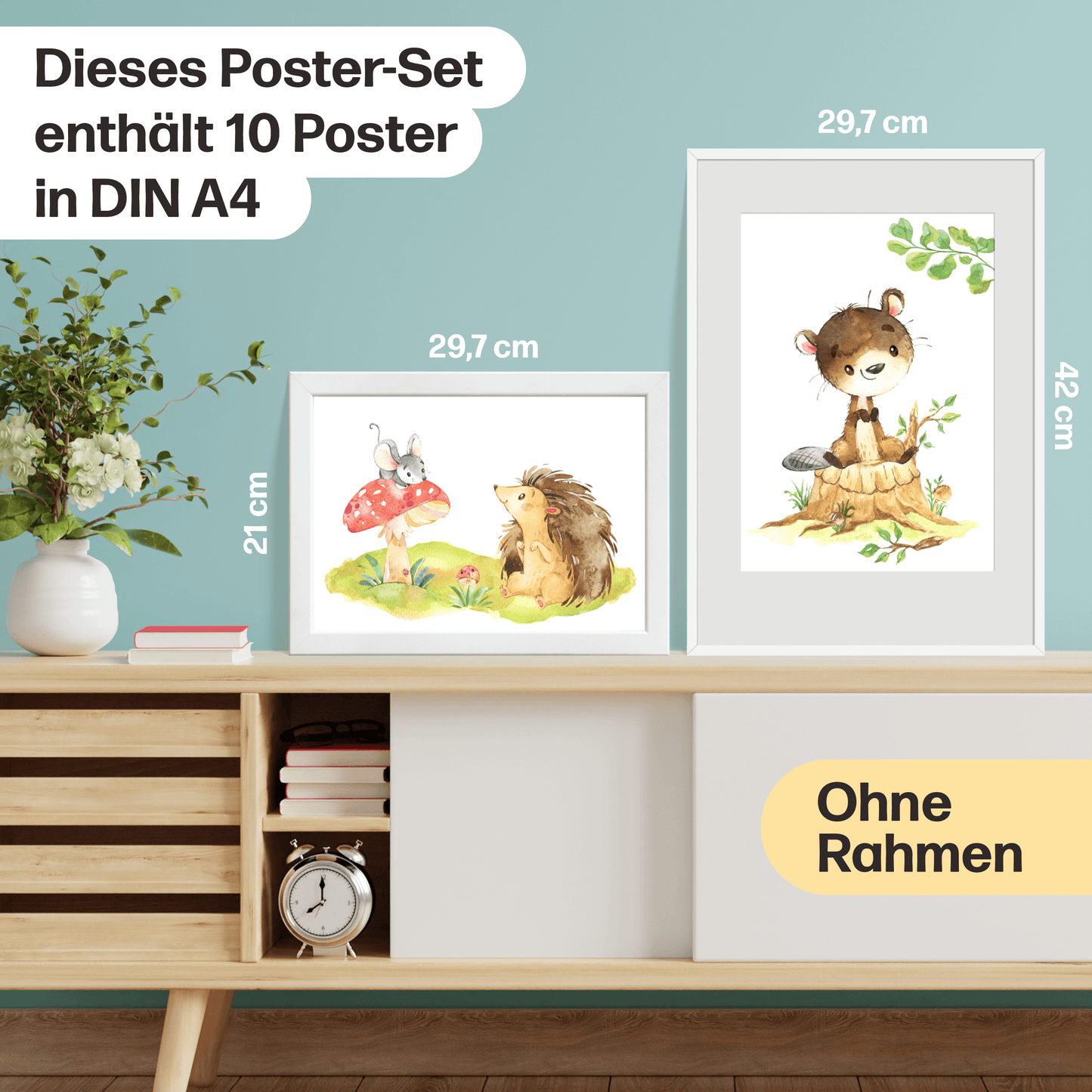 10er Poster-Set Waldtiere Kinderzimmer I Bär, Reh, Bieber, Fuchs uvm. mit Flora I Babyzimmer Deko