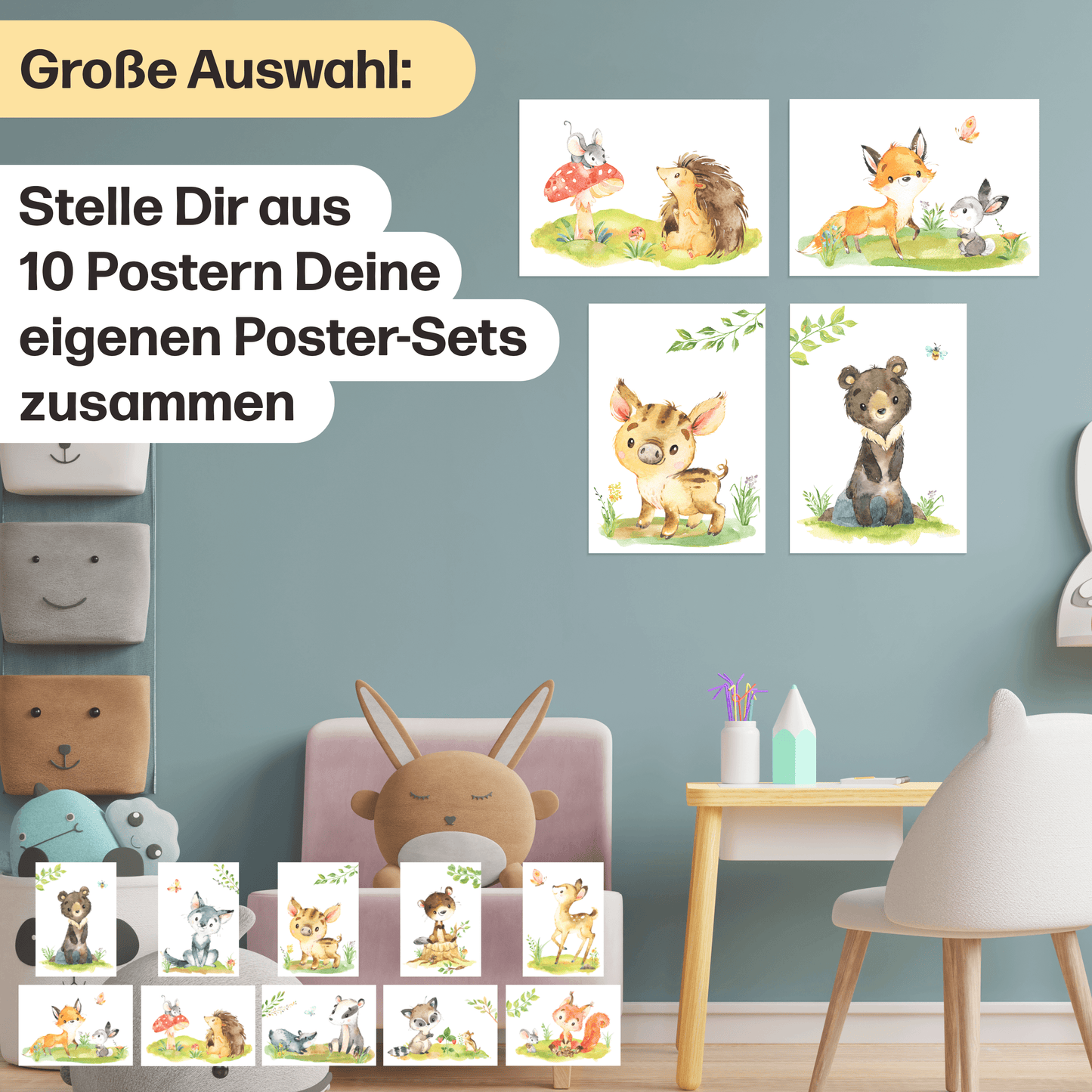 10er Poster-Set Waldtiere Kinderzimmer I Bär, Reh, Bieber, Fuchs uvm. mit Flora I Babyzimmer Deko