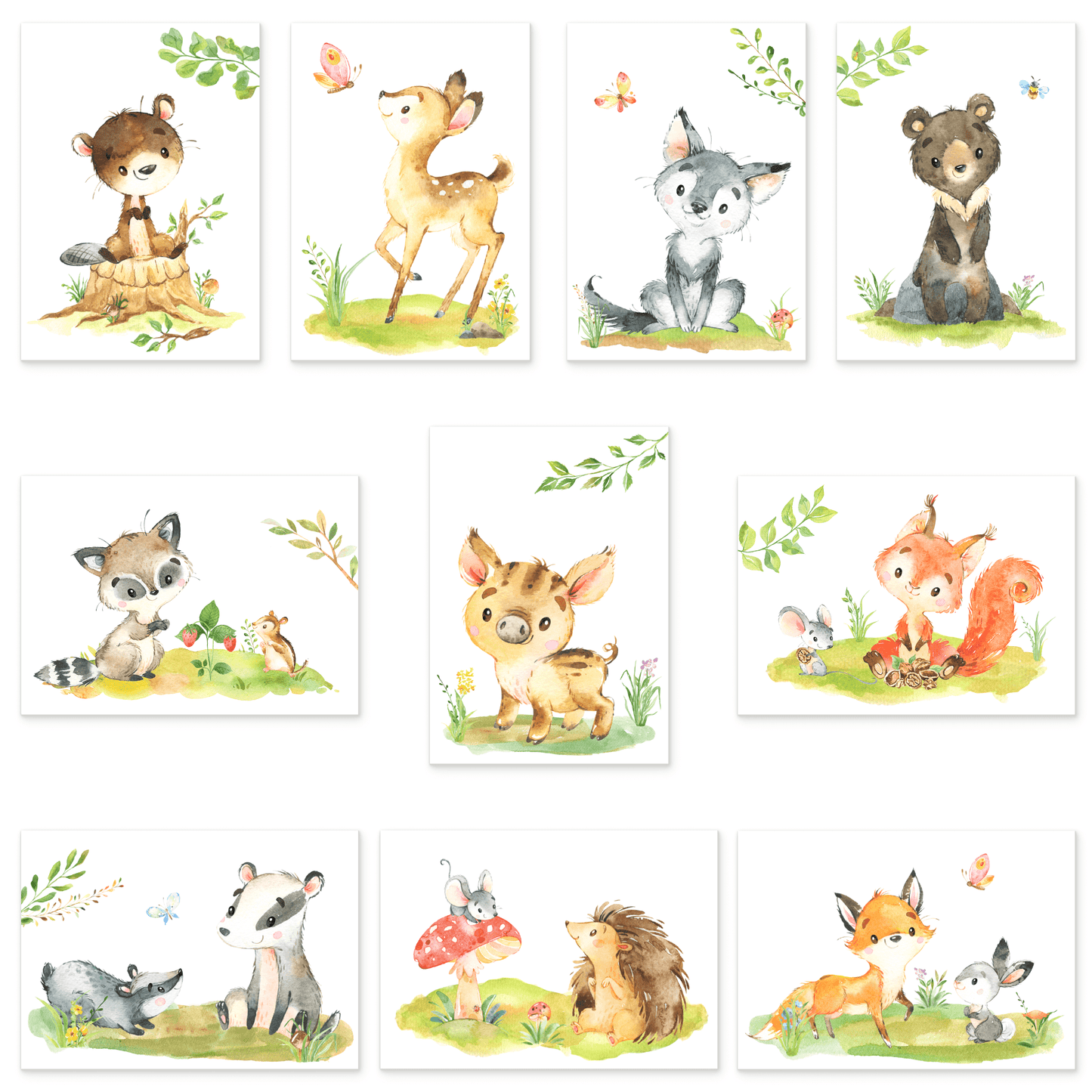 10er Poster-Set Waldtiere Kinderzimmer I Bär, Reh, Bieber, Fuchs uvm. mit Flora I Babyzimmer Deko