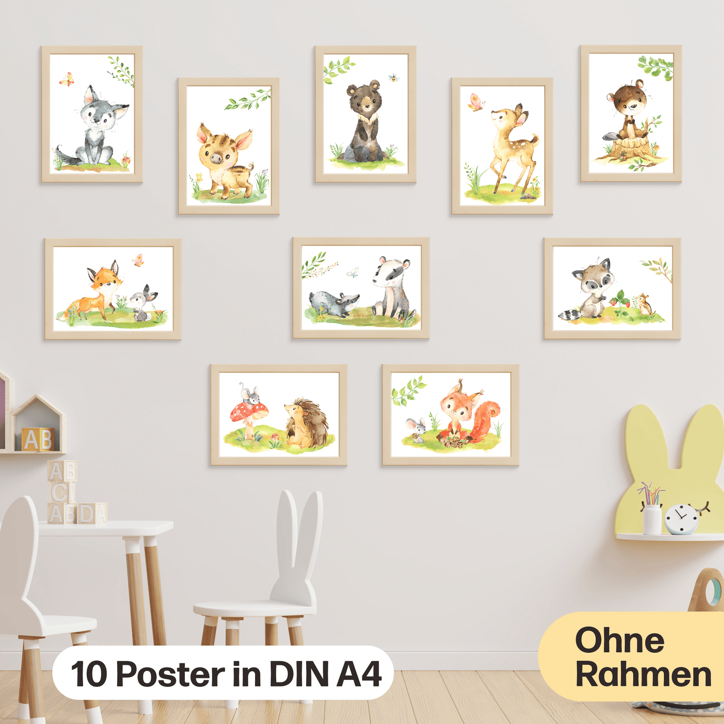 10er Poster-Set Waldtiere Kinderzimmer I Bär, Reh, Bieber, Fuchs uvm. mit Flora I Babyzimmer Deko