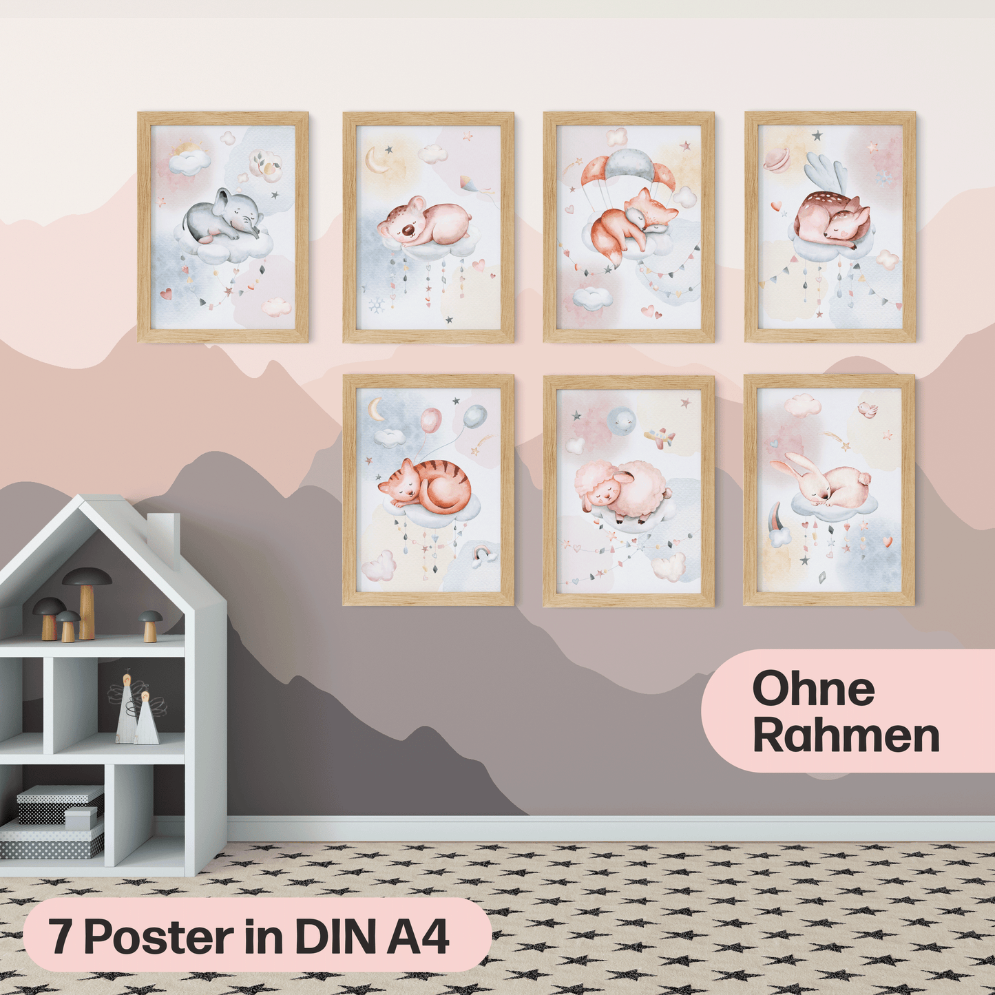 Süße Träume Poster-Set als Babyzimmer Deko I schlafendes Schäfchen, Koala, Elefant & co. I ohne Rahmen I CreativeRobin