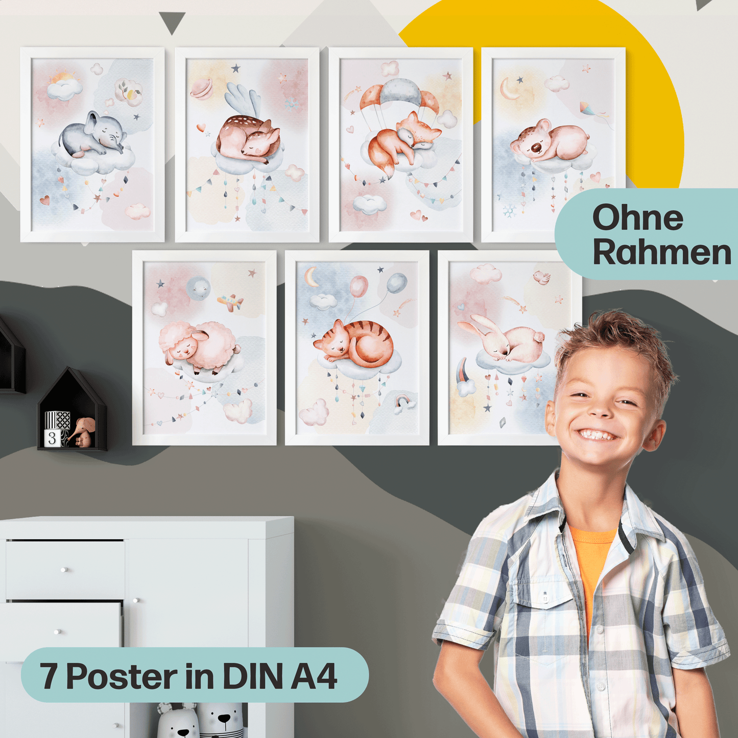 Süße Träume Poster-Set als Babyzimmer Deko I schlafendes Schäfchen, Koala, Elefant & co. I ohne Rahmen I CreativeRobin