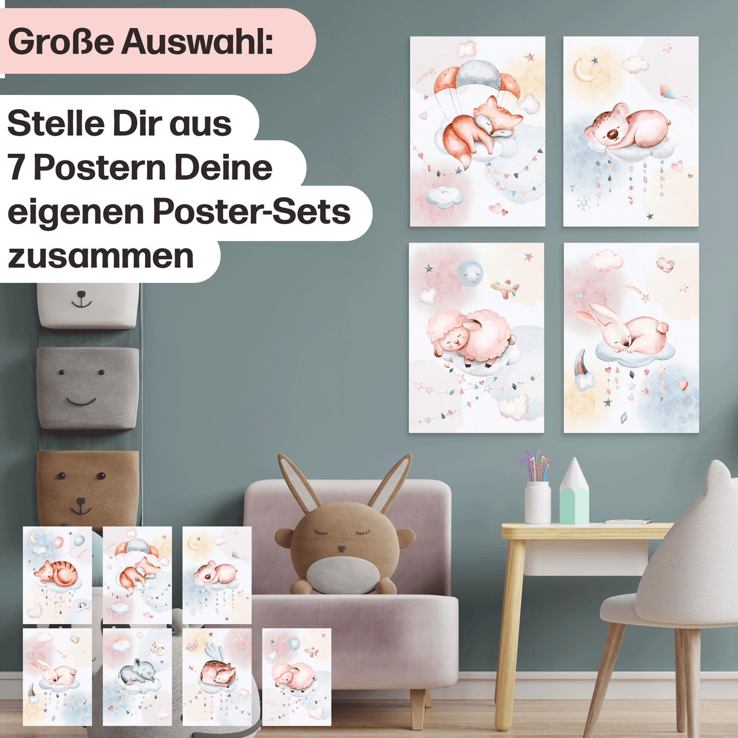Süße Träume Poster-Set als Babyzimmer Deko I schlafendes Schäfchen, Koala, Elefant & co. I ohne Rahmen I CreativeRobin