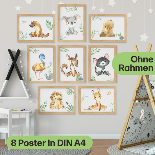 8er Australien Tier Poster-Set fürs Kinderzimmer I Schöne Babyzimmer Deko I A4 Größe