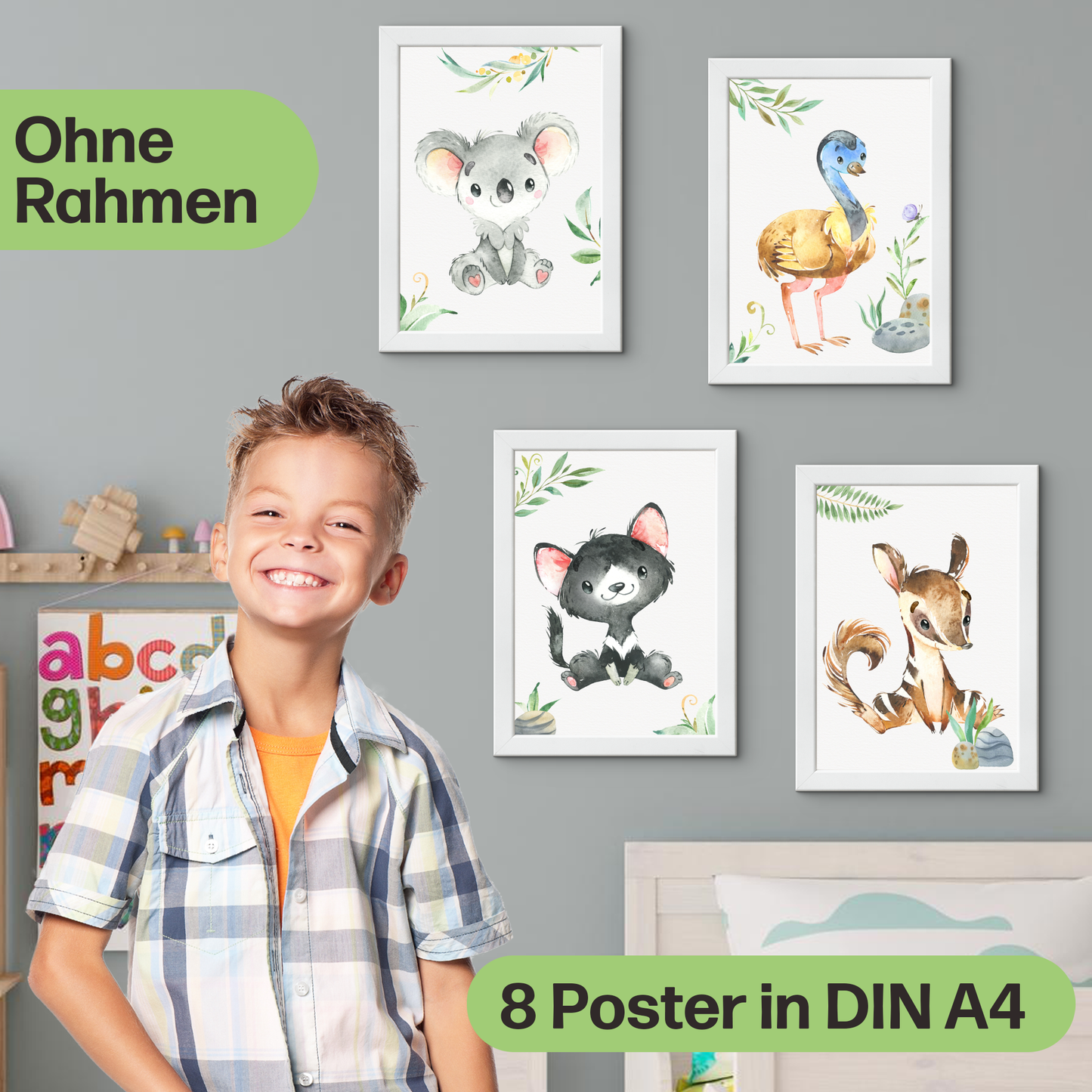 8er Australien Tier Poster-Set fürs Kinderzimmer I Schöne Babyzimmer Deko I A4 Größe