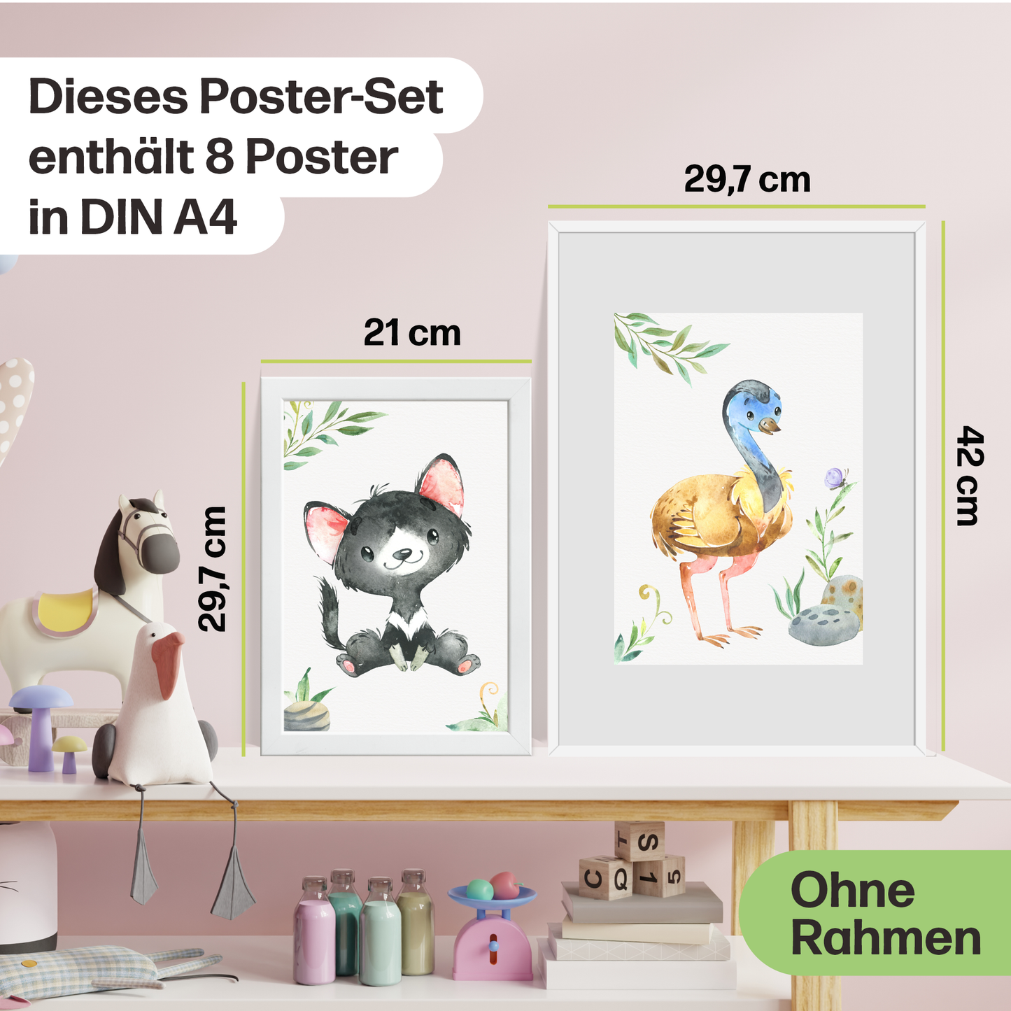8er Australien Tier Poster-Set fürs Kinderzimmer I Schöne Babyzimmer Deko I A4 Größe