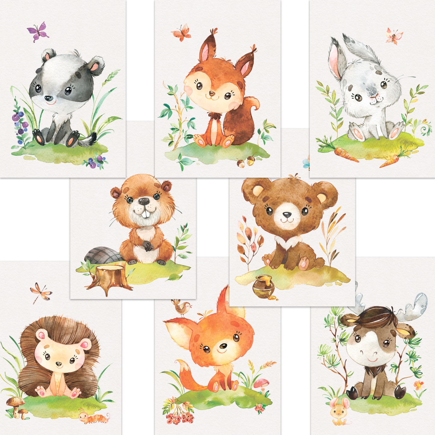 8er Waldtier Poster-Set fürs Kinderzimmer I Süße Babyzimmer Deko mit Elch, Biber, Häschen, Dachs & co.