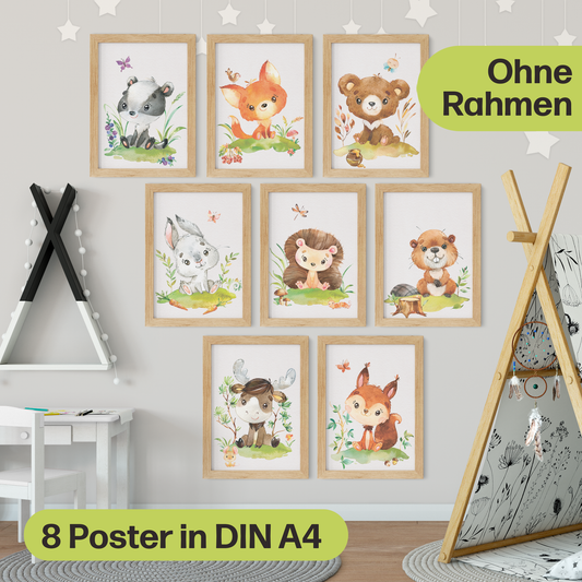 8er Waldtier Poster-Set fürs Kinderzimmer I Süße Babyzimmer Deko mit Elch, Biber, Häschen, Dachs & co.